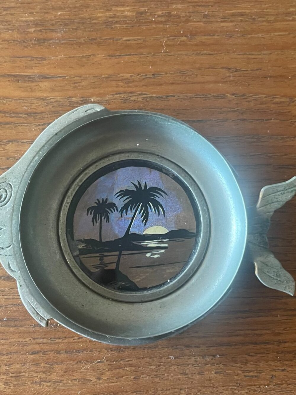 Art Deco Butterfly Reverse Painted Glass Pewter Fish Ash Tray